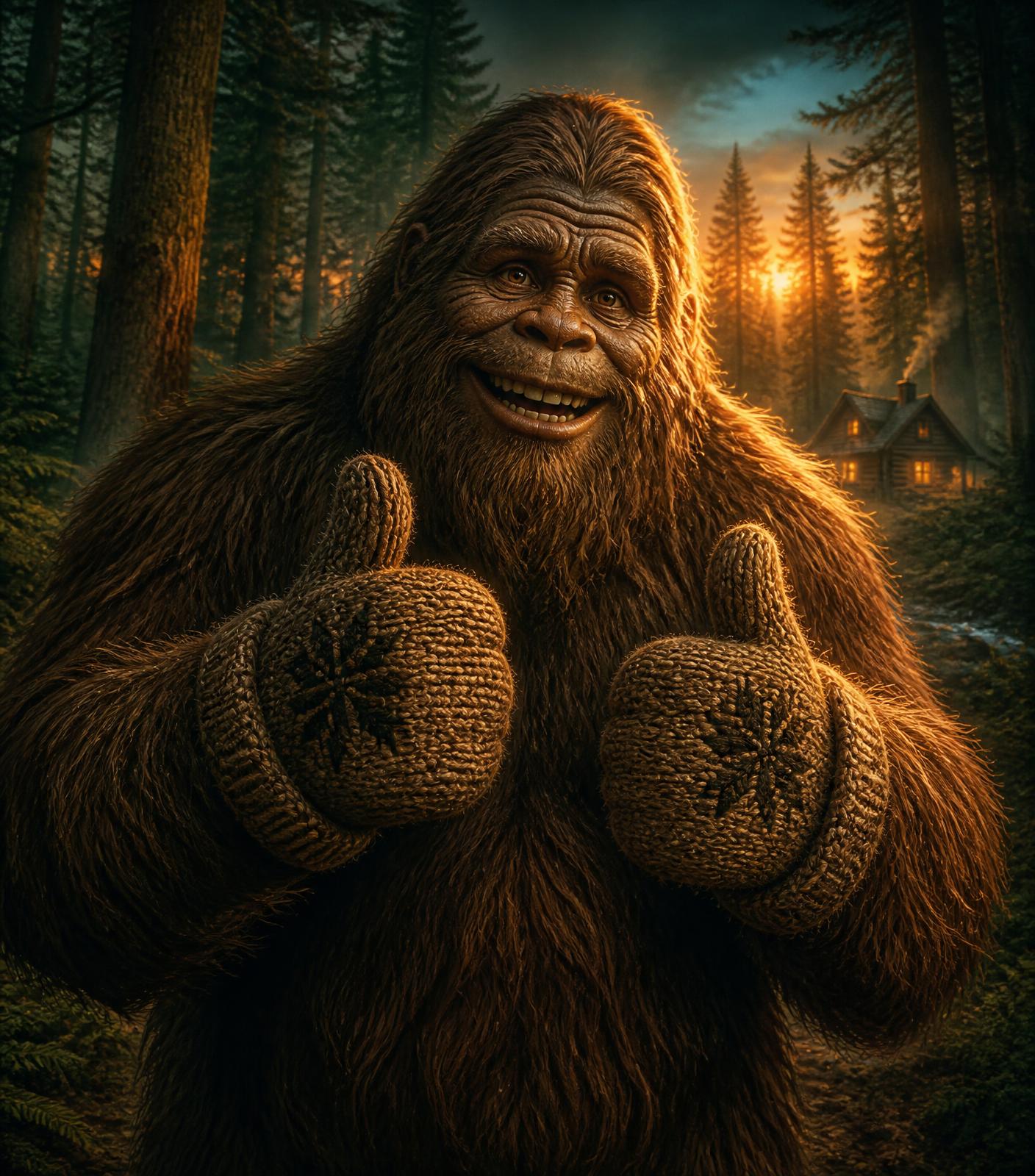 A happy Sasquatch in a pine forest at dusk giving two thumbs up while wearing chunky knitted mittens